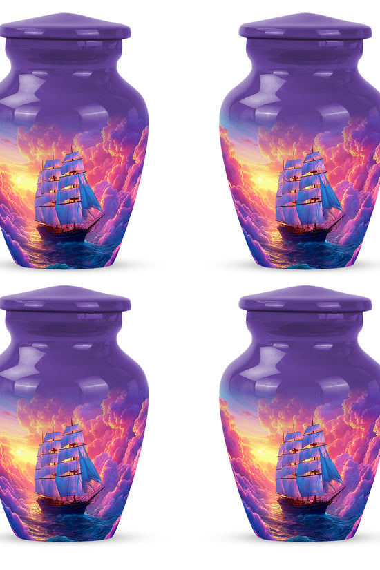 Orchid Purple Boat Cremation Urn side profile showing urn shape - classic sculpted boat pattern on smooth aluminum - 10 inch aluminum urn for cremated remains