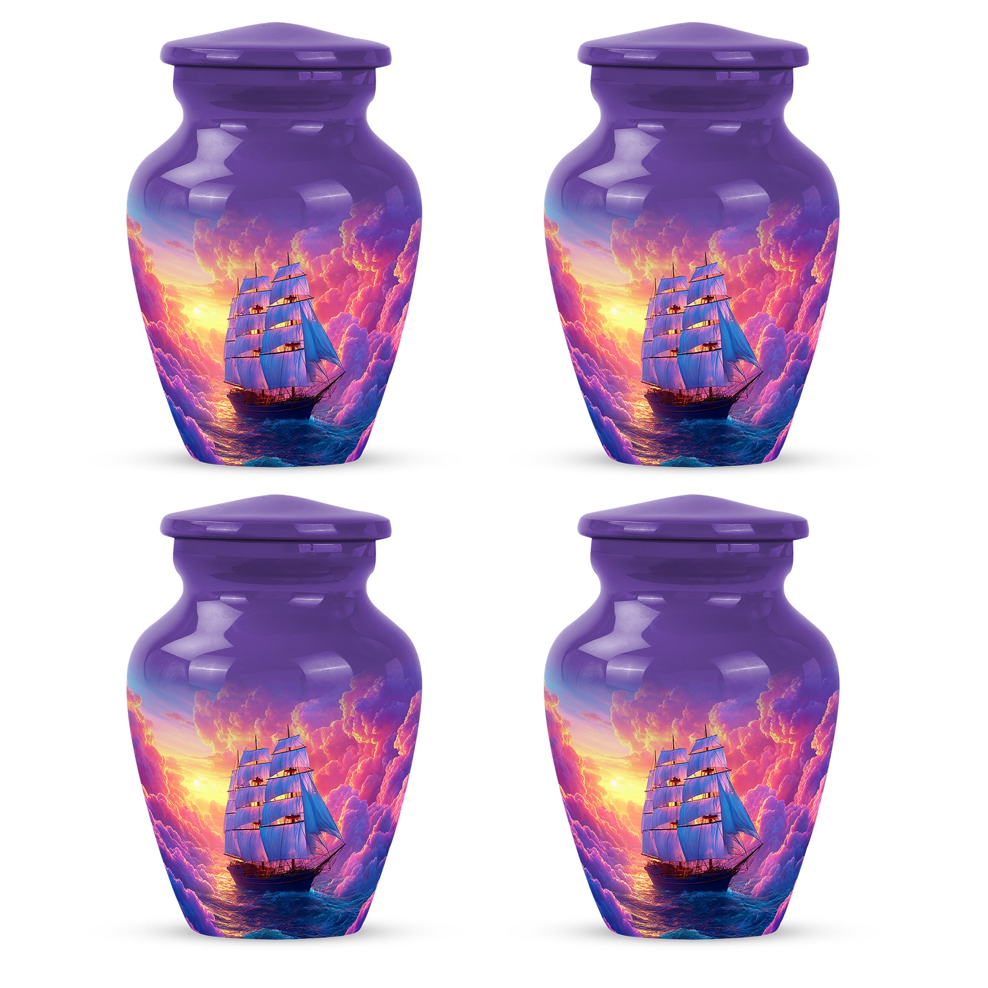 Orchid Purple Boat Cremation Urn side profile showing urn shape - classic sculpted boat pattern on smooth aluminum - 10 inch aluminum urn for cremated remains