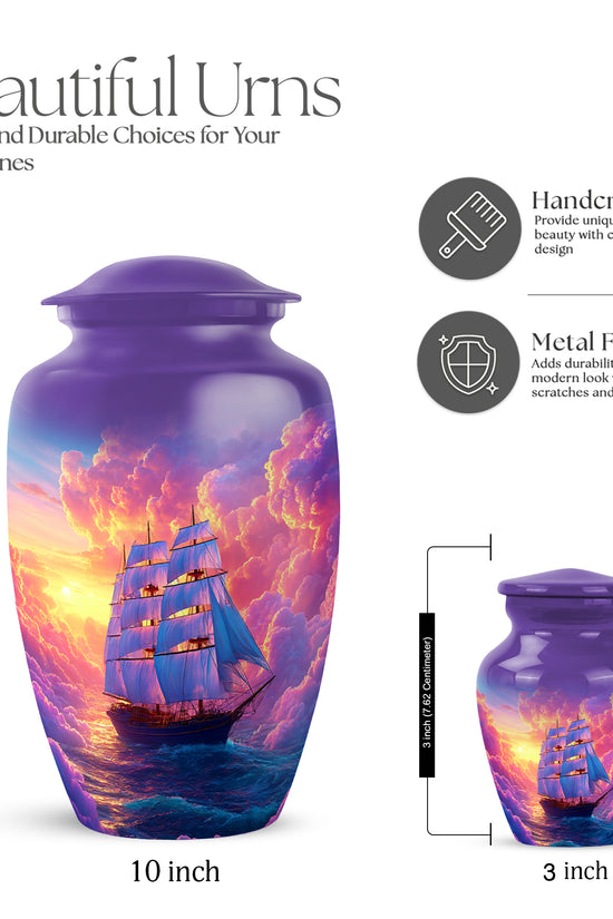 Orchid Purple Boat Cremation Urn close-up of engraving and surface detail - classic sculpted boat pattern on smooth aluminum - mini keepsake memorial for portion of cremation ashes