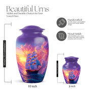 Orchid Purple Boat Cremation Urn close-up of engraving and surface detail - classic sculpted boat pattern on smooth aluminum - mini keepsake memorial for portion of cremation ashes