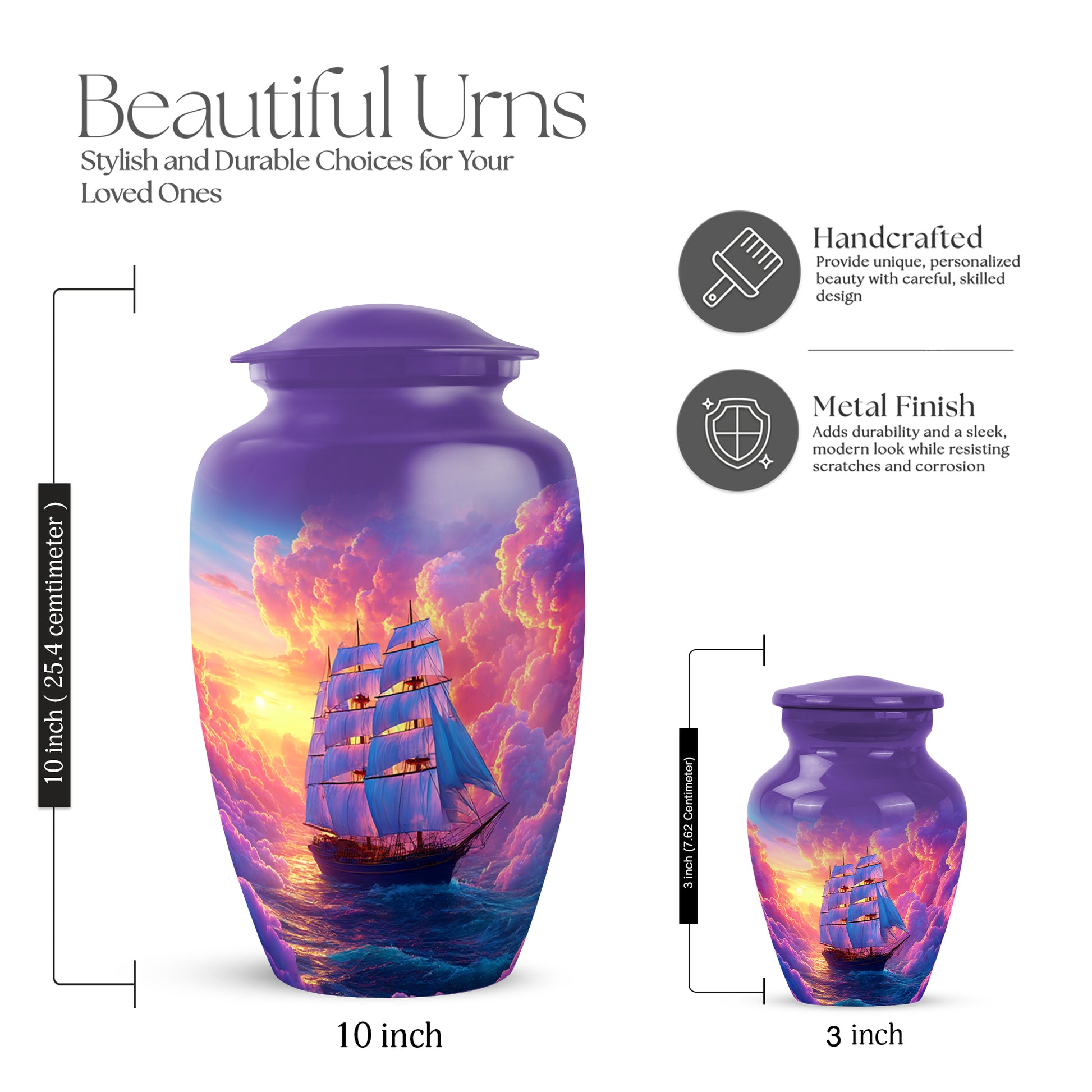 Orchid Purple Boat Cremation Urn close-up of engraving and surface detail - classic sculpted boat pattern on smooth aluminum - mini keepsake memorial for portion of cremation ashes