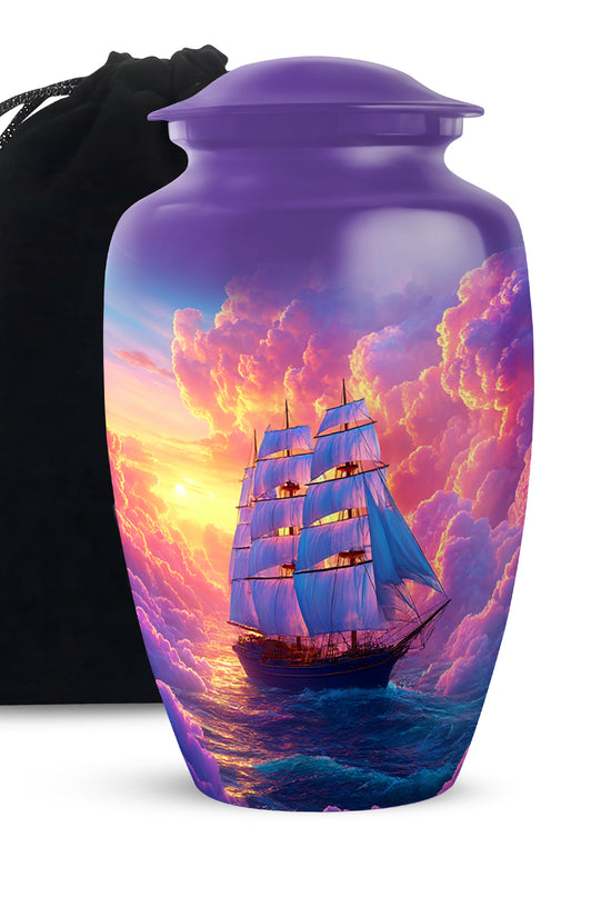Plum Purple Boat Cremation Urn angled view of lid and engraved motif - timeless boat motif etched into premium metal - full-size 10 inch 200 cubic inch adult cremation urn