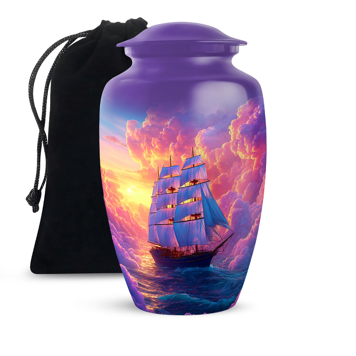 Plum Purple Boat Cremation Urn angled view of lid and engraved motif - timeless boat motif etched into premium metal - full-size 10 inch 200 cubic inch adult cremation urn