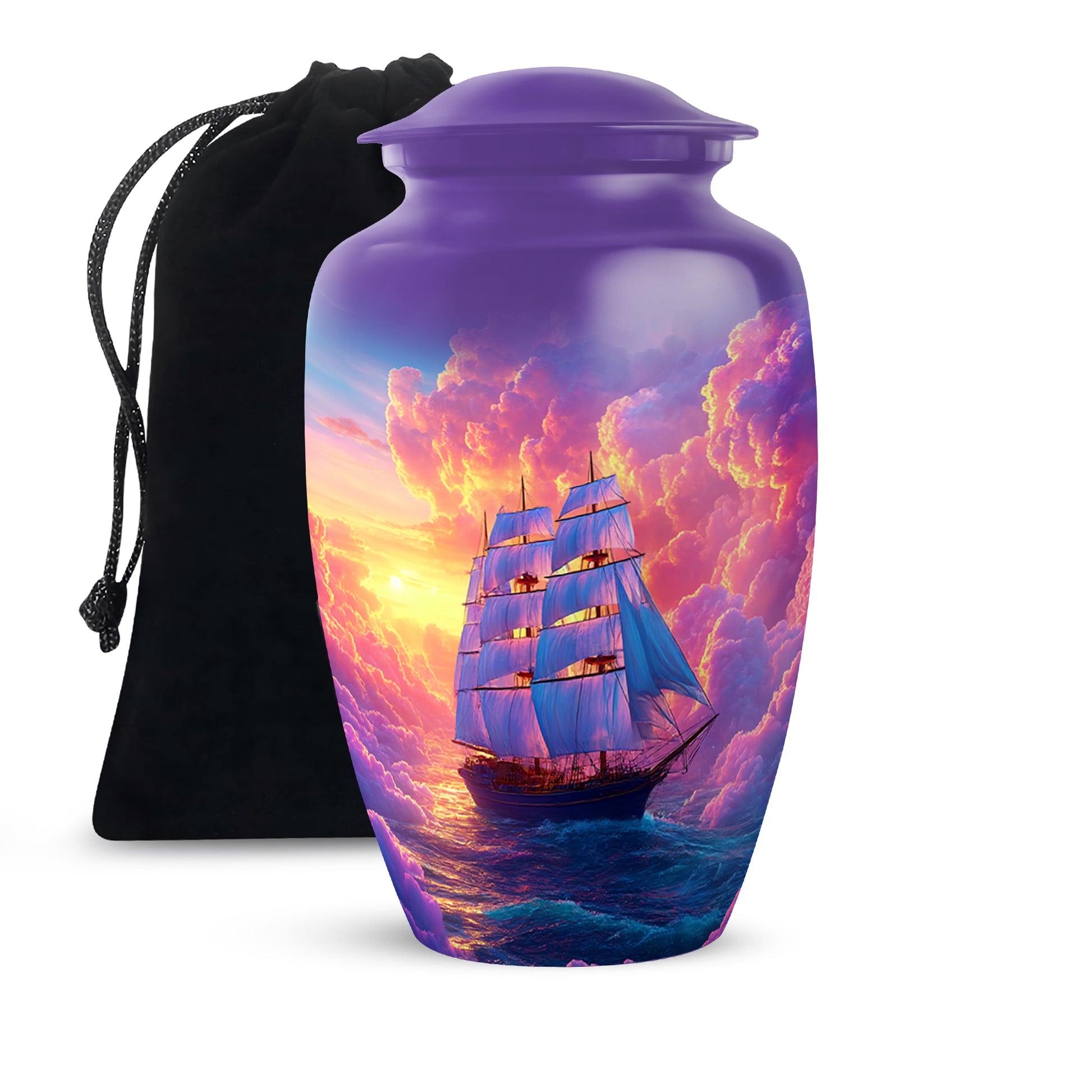 Plum Purple Boat Cremation Urn angled view of lid and engraved motif - timeless boat motif etched into premium metal - full-size 10 inch 200 cubic inch adult cremation urn