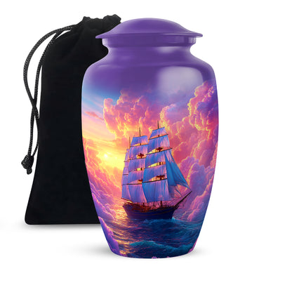 Plum Purple Boat Cremation Urn angled view of lid and engraved motif - timeless boat motif etched into premium metal - full-size 10 inch 200 cubic inch adult cremation urn