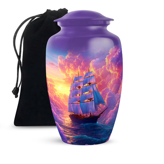 Plum Purple Boat Cremation Urn angled view of lid and engraved motif - timeless boat motif etched into premium metal - full-size 10 inch 200 cubic inch adult cremation urn