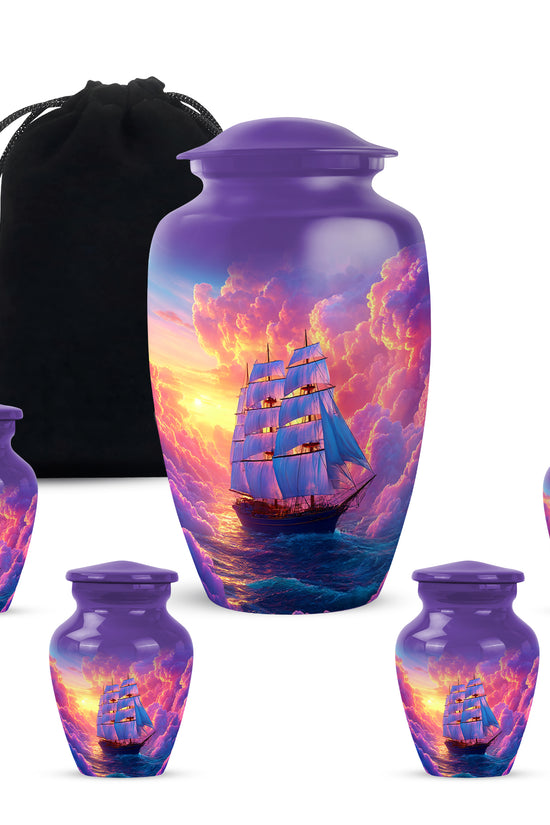 Majestic Purple Boat Cremation Urn top-down view of secure threaded lid - timeless boat motif etched into premium metal - memorial set with one large and four small urns