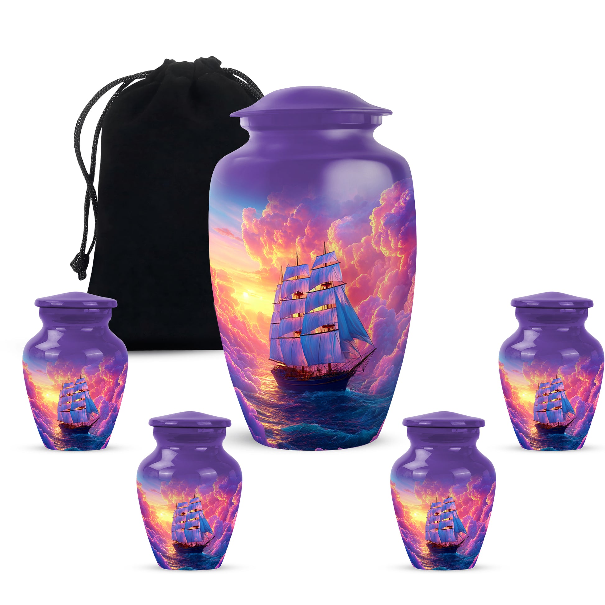 Majestic Purple Boat Cremation Urn top-down view of secure threaded lid - timeless boat motif etched into premium metal - memorial set with one large and four small urns