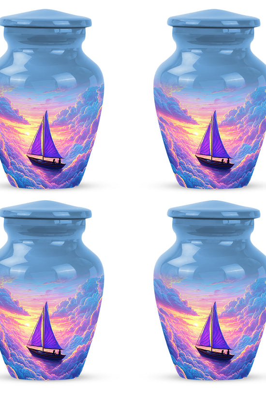 Cornflower Blue Boat Cremation Urn side profile showing urn shape - traditional boat engraving with hand-polished finish - 10 inch aluminum urn for cremated remains