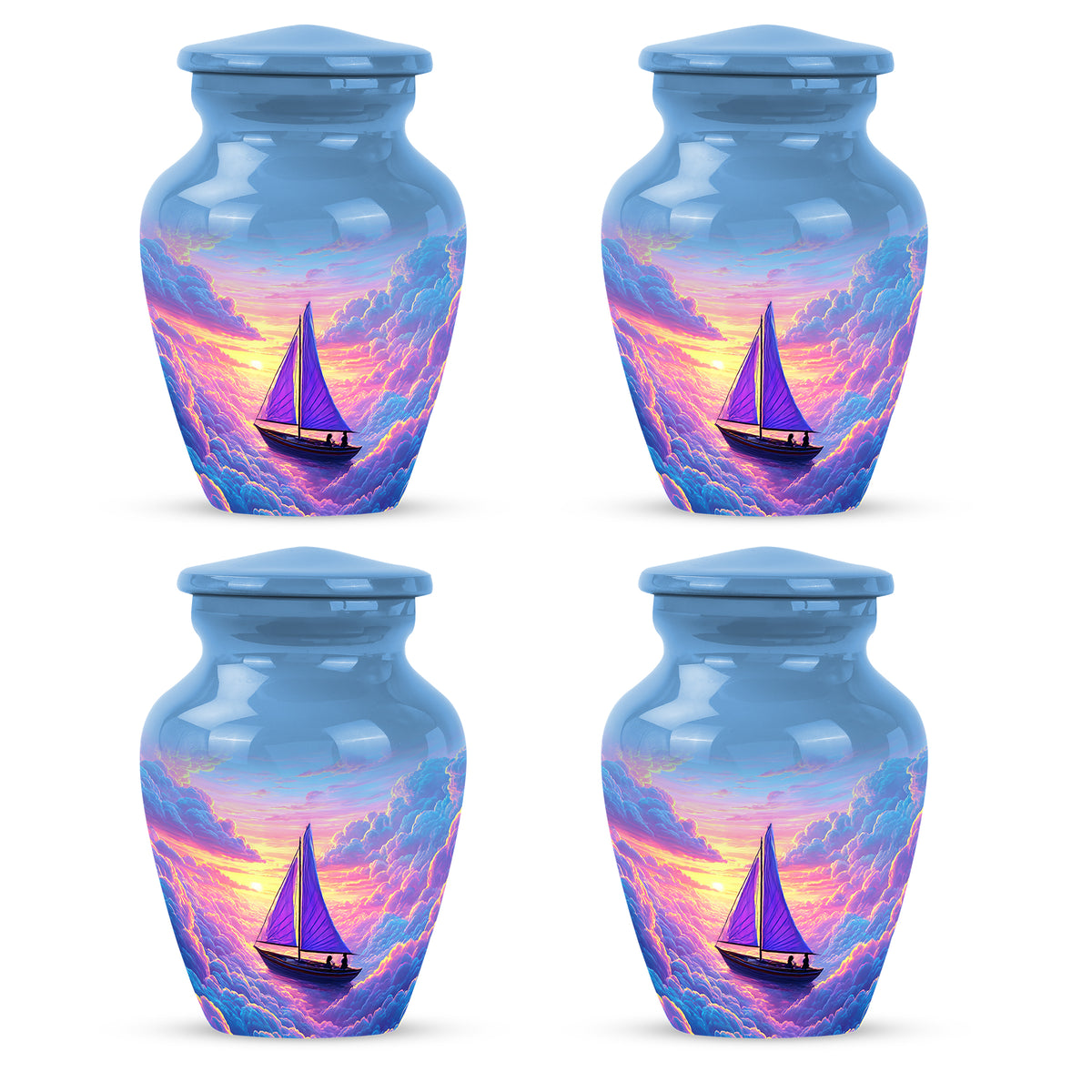 Cornflower Blue Boat Cremation Urn side profile showing urn shape - traditional boat engraving with hand-polished finish - 10 inch aluminum urn for cremated remains