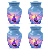 Cornflower Blue Boat Cremation Urn side profile showing urn shape - traditional boat engraving with hand-polished finish - 10 inch aluminum urn for cremated remains