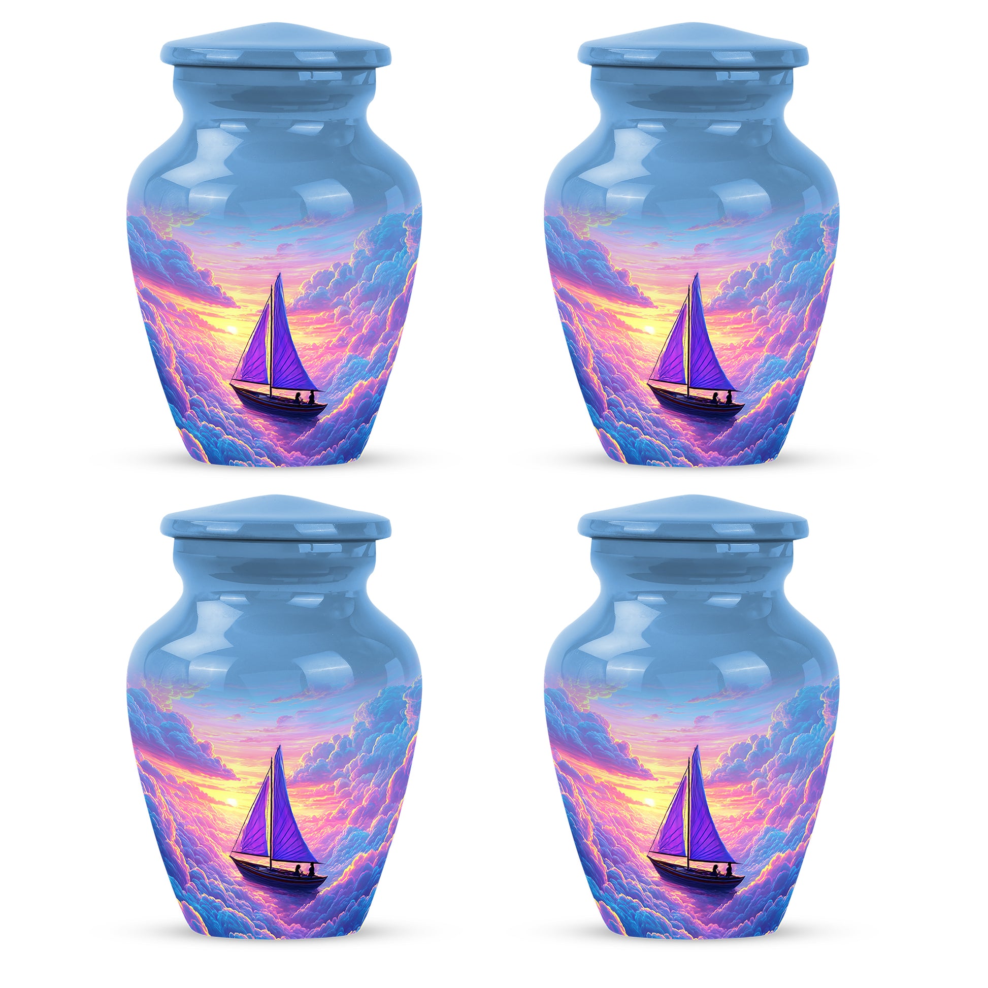 Cornflower Blue Boat Cremation Urn side profile showing urn shape - traditional boat engraving with hand-polished finish - 10 inch aluminum urn for cremated remains