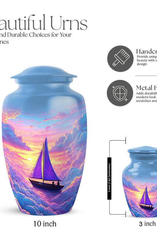 Icy Blue Boat Cremation Urn close-up of engraving and surface detail - timeless boat motif etched into premium metal - mini keepsake memorial for portion of cremation ashes