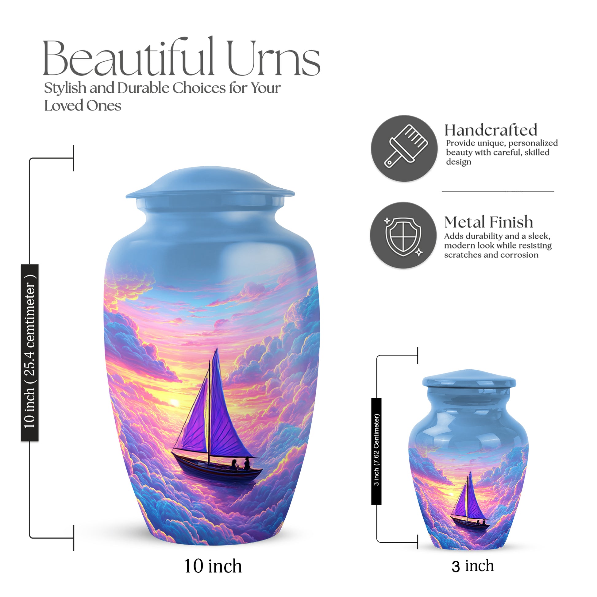 Icy Blue Boat Cremation Urn close-up of engraving and surface detail - timeless boat motif etched into premium metal - mini keepsake memorial for portion of cremation ashes