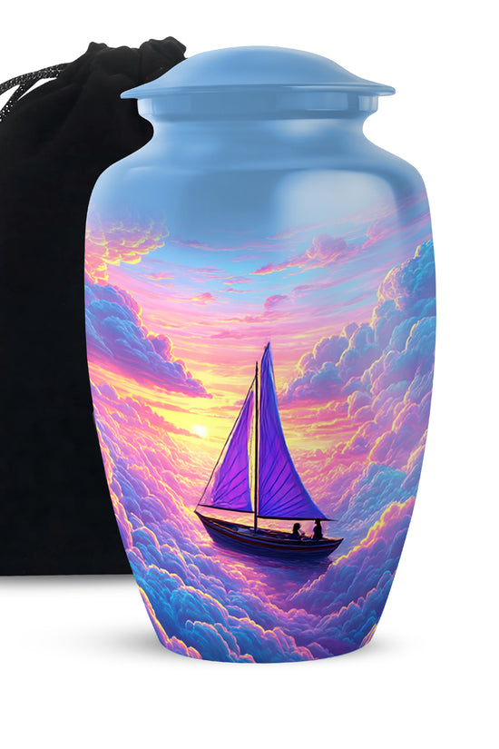 Icy Blue Boat Cremation Urn angled view of lid and engraved motif - timeless boat motif etched into premium metal - full-size 10 inch 200 cubic inch adult cremation urn