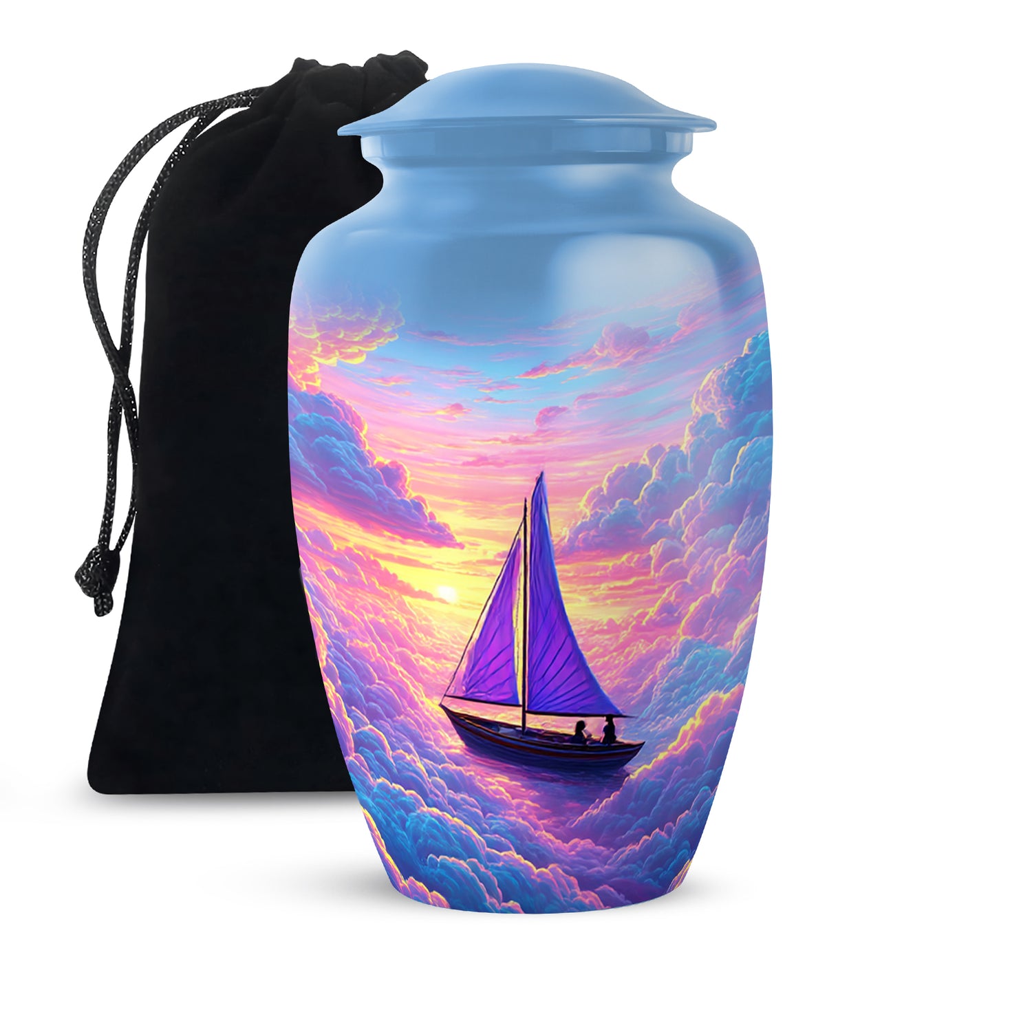 Icy Blue Boat Cremation Urn angled view of lid and engraved motif - timeless boat motif etched into premium metal - full-size 10 inch 200 cubic inch adult cremation urn