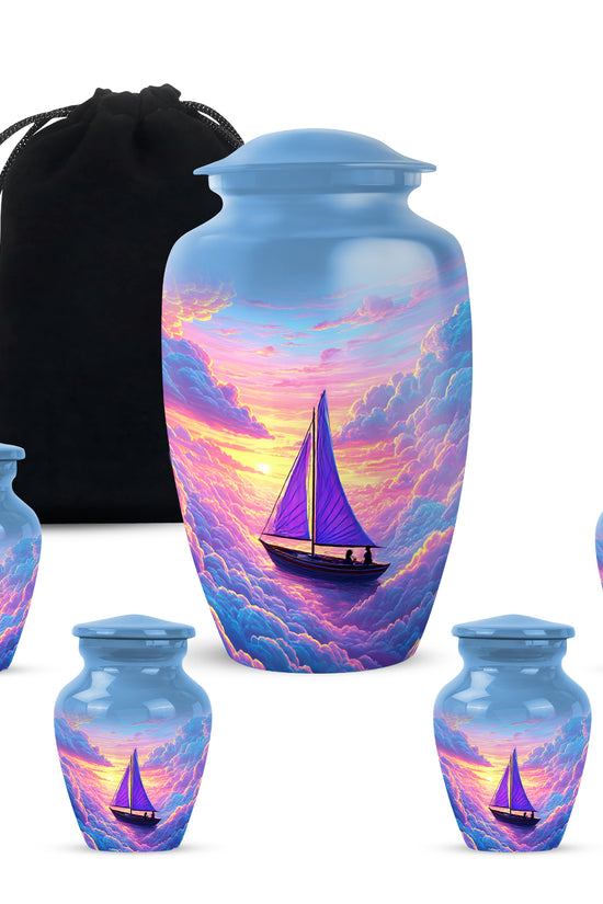 Dusty Blue Boat Cremation Urn top-down view of secure threaded lid - timeless boat motif etched into premium metal - memorial set with one large and four small urns