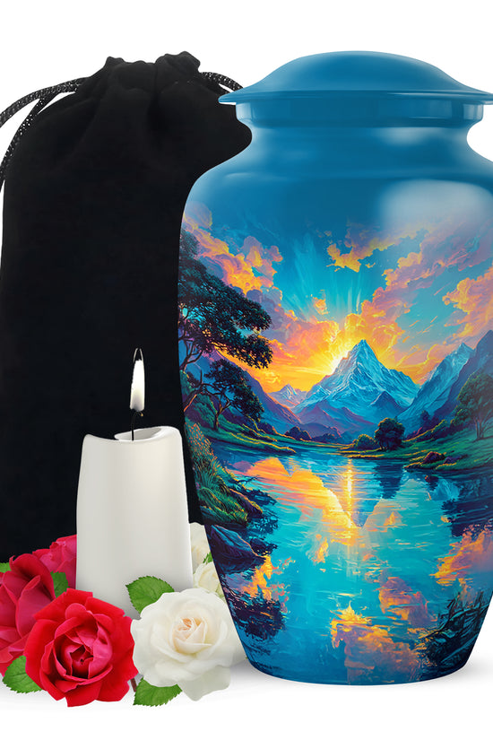Sunset Mountain Lake Cremation Urn - Peaceful Nature Funeral Urn For Adult Ashes
