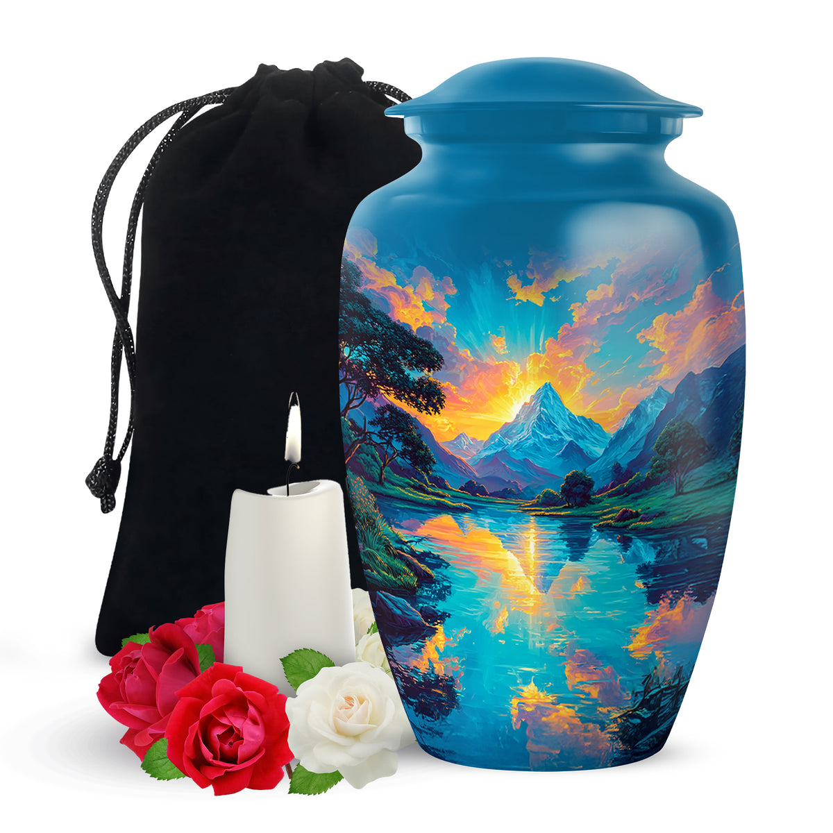 Sunset Mountain Lake Cremation Urn - Peaceful Nature Funeral Urn For Adult Ashes