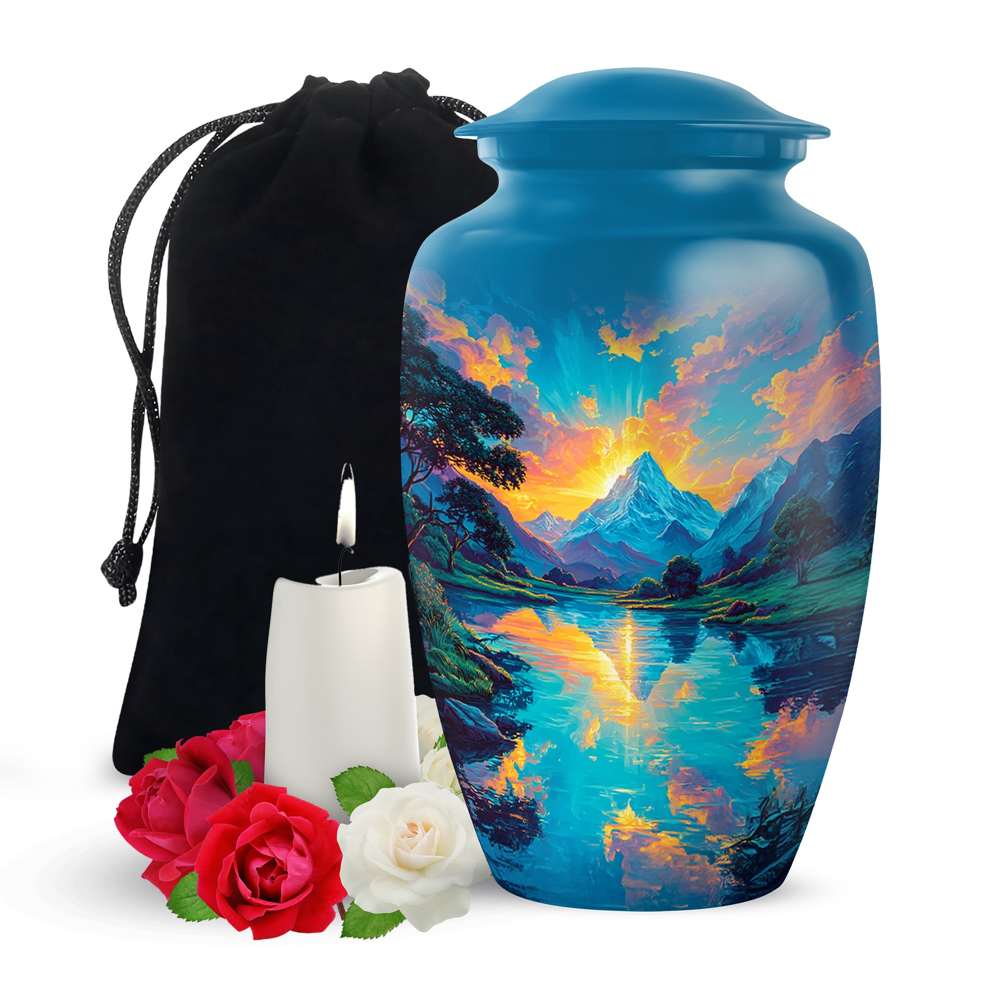 Sunset Mountain Lake Cremation Urn - Peaceful Nature Funeral Urn For Adult Ashes