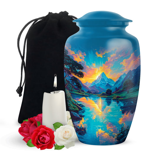 Sunset Mountain Lake Cremation Urn - Peaceful Nature Funeral Urn For Adult Ashes