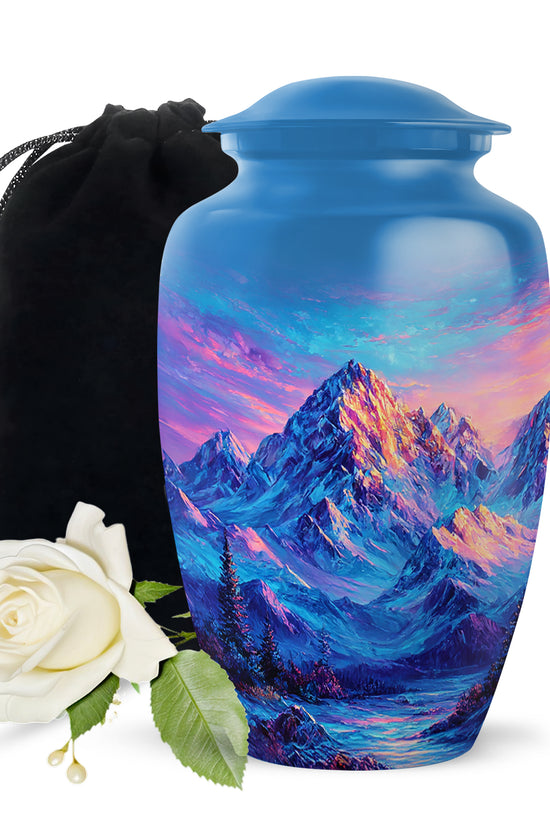 Snow Mountain Landscape Urn - Beautiful Sunset Memorial Urn For Human Ashes