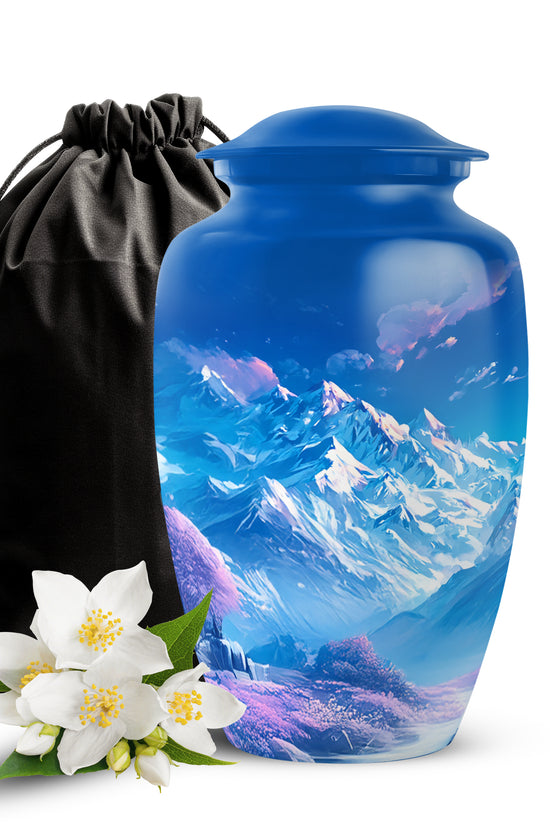 Beautiful Snow Mountain Funeral Urn For Ashes - Blue Large Memorial Urn For Ashes