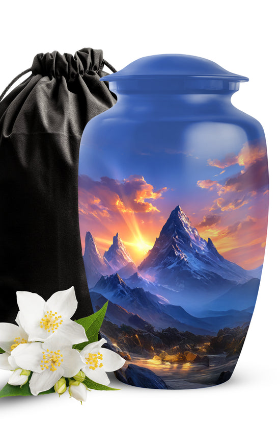 Beautiful Sunset Mountain Cremation Urn - Serene Aluminium Funeral Urn For Adult Ashes