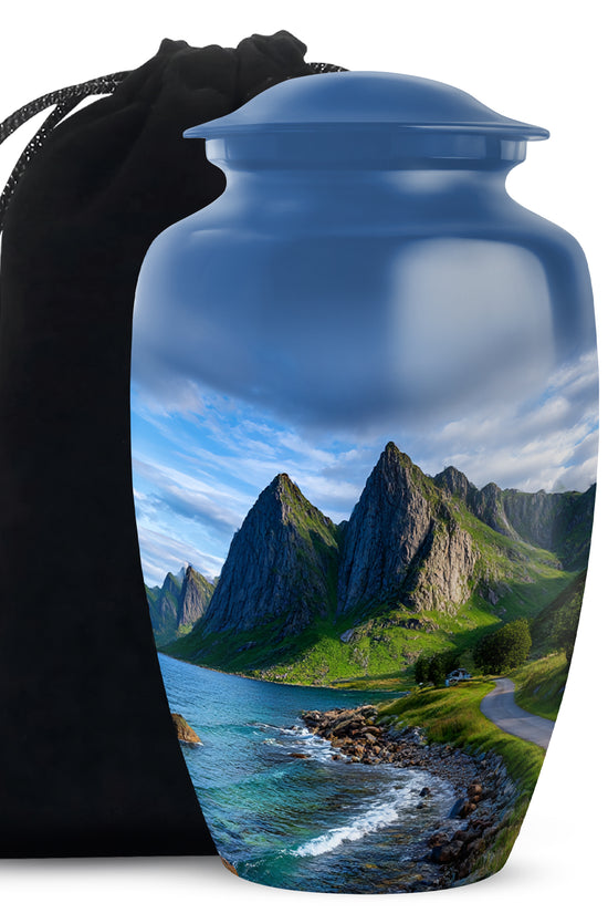 Mountain Lake Cremation Urn - Scenic Nature Memorial Urn For Burial