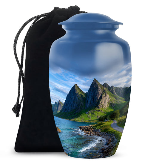 Mountain Lake Cremation Urn - Scenic Nature Memorial Urn For Burial