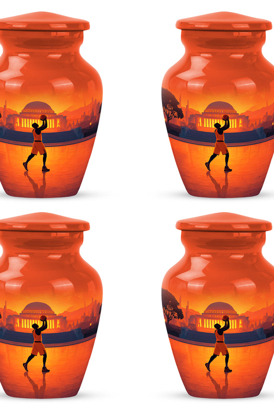 Garnet Red Basketball Cremation Urn side profile showing urn shape - timeless basketball motif etched into premium metal - 10 inch aluminum urn for cremated remains