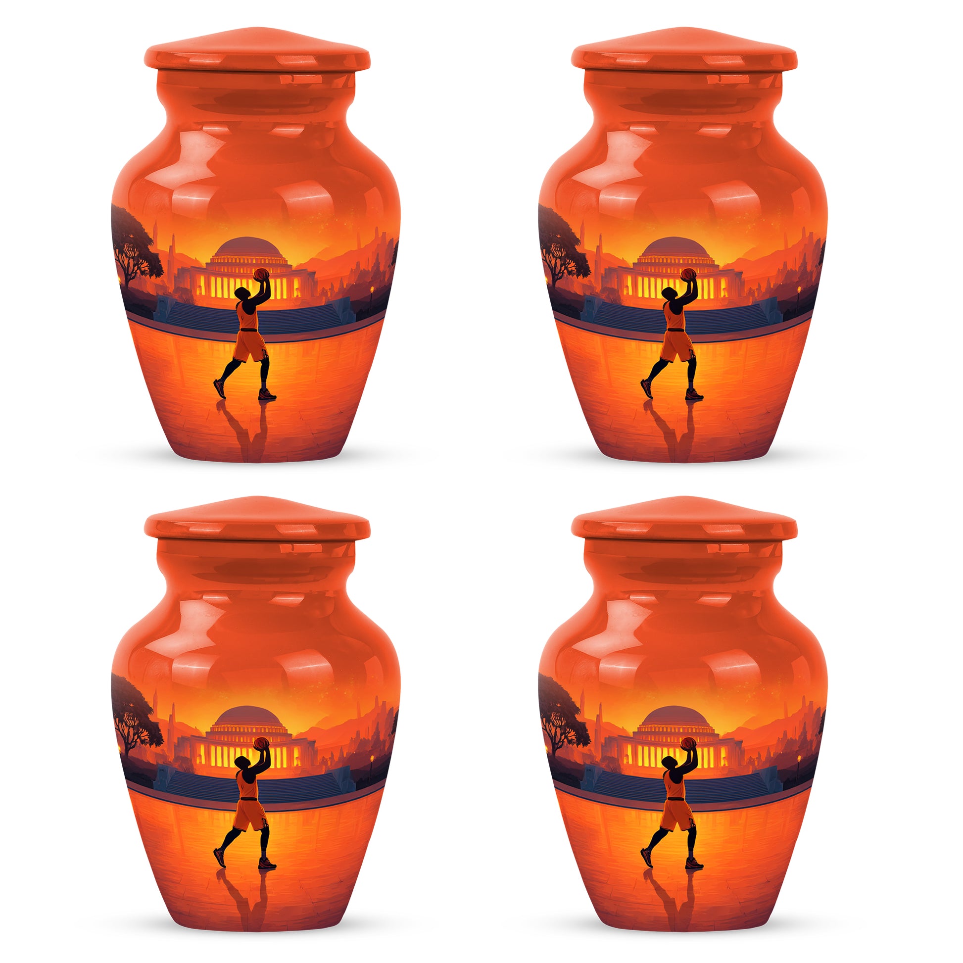 Garnet Red Basketball Cremation Urn side profile showing urn shape - timeless basketball motif etched into premium metal - 10 inch aluminum urn for cremated remains