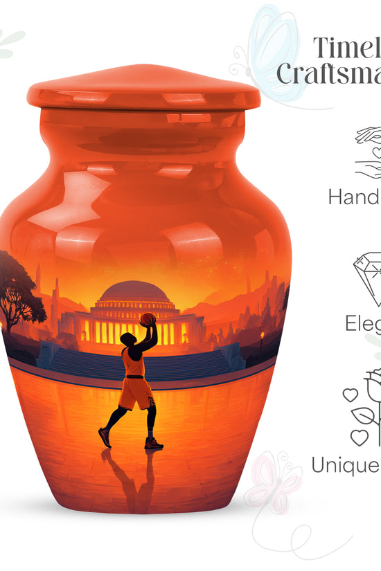 Ruby Red Basketball Cremation Urn close-up of engraving and surface detail - elegant classic basketball relief with fine detailing - mini keepsake memorial for portion of cremation ashes