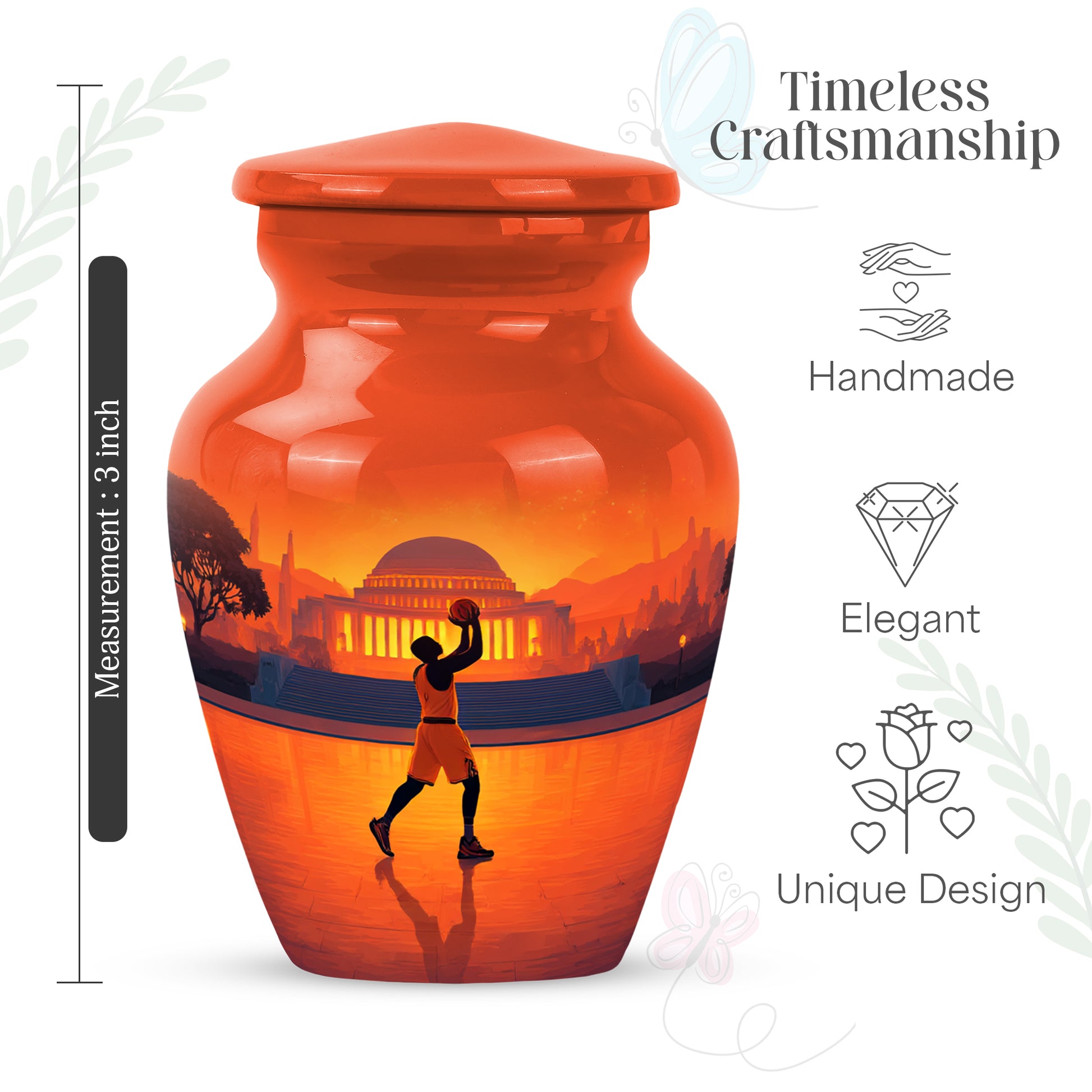 Ruby Red Basketball Cremation Urn close-up of engraving and surface detail - elegant classic basketball relief with fine detailing - mini keepsake memorial for portion of cremation ashes