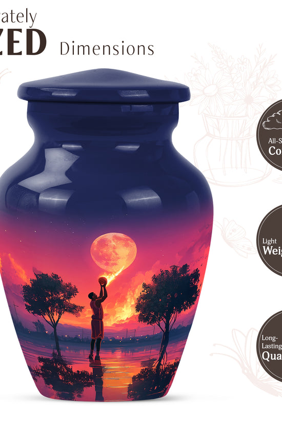 Pastel Blue Basketball Cremation Urn close-up of engraving and surface detail - classic sculpted basketball pattern on smooth aluminum - mini keepsake memorial for portion of cremation ashes