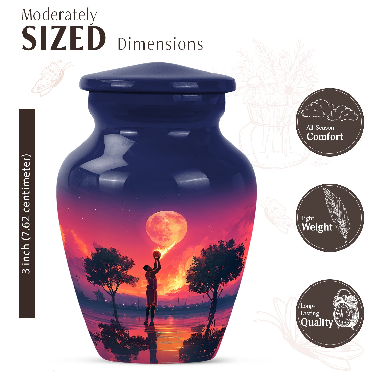 Pastel Blue Basketball Cremation Urn close-up of engraving and surface detail - classic sculpted basketball pattern on smooth aluminum - mini keepsake memorial for portion of cremation ashes