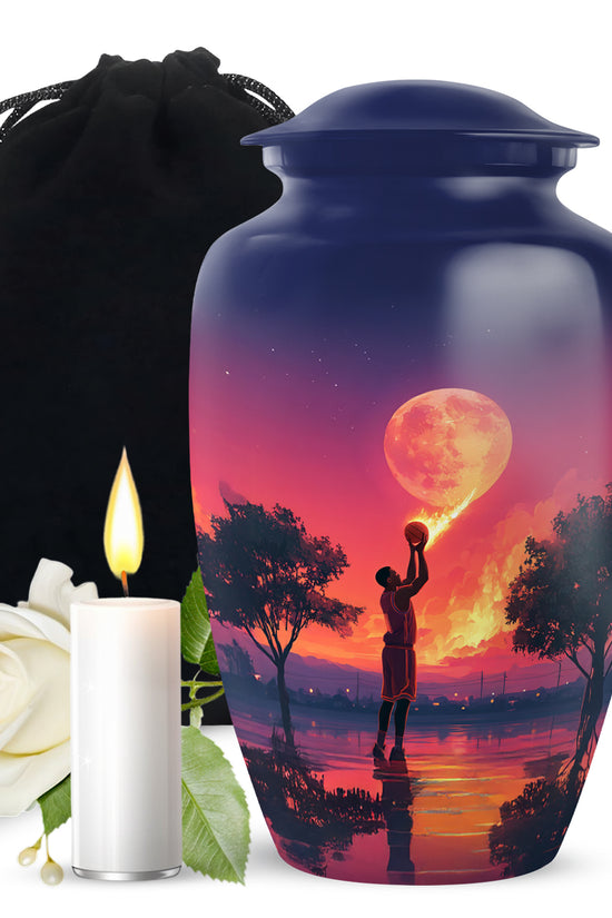 Azure Basketball Cremation Urn angled view of lid and engraved motif - classic sculpted basketball pattern on smooth aluminum - full-size 10 inch 200 cubic inch adult cremation urn