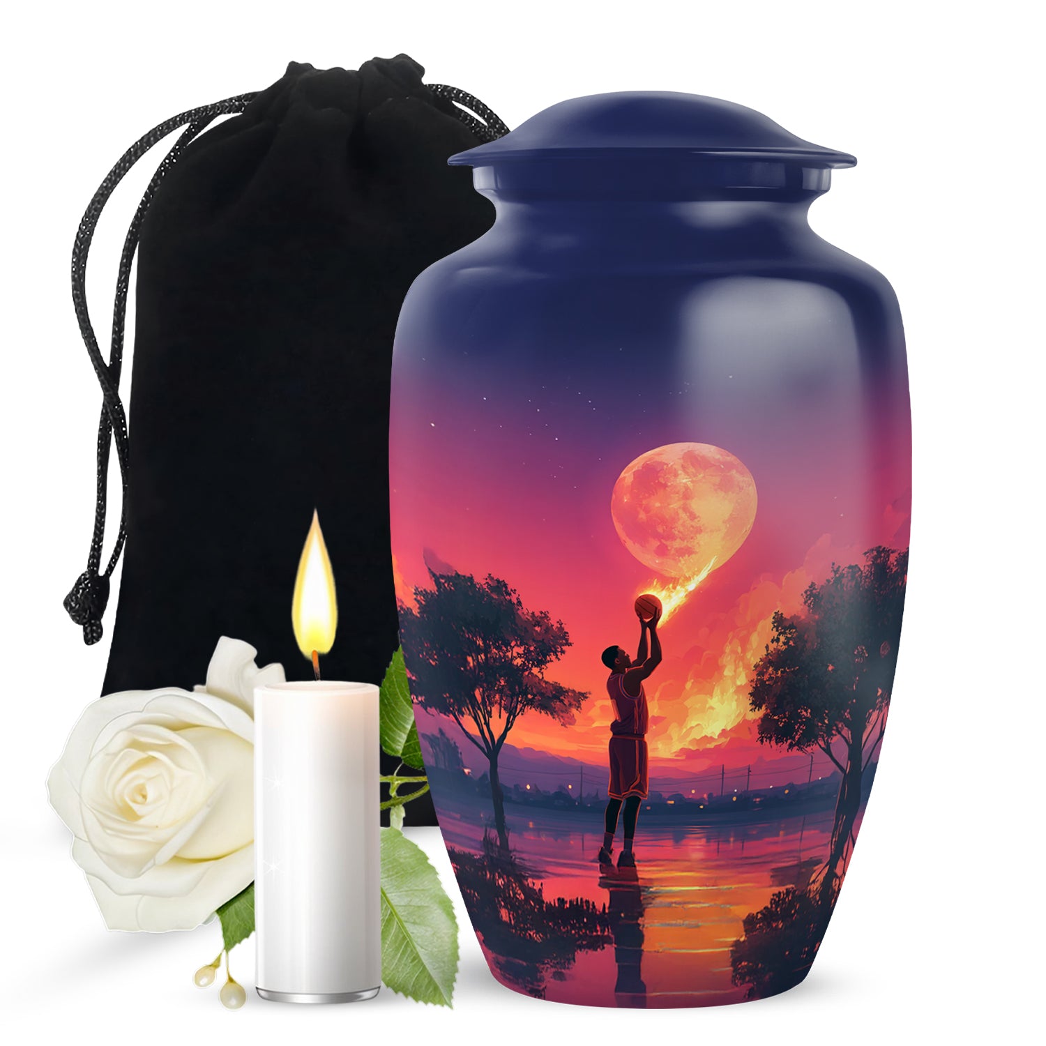 Azure Basketball Cremation Urn angled view of lid and engraved motif - classic sculpted basketball pattern on smooth aluminum - full-size 10 inch 200 cubic inch adult cremation urn