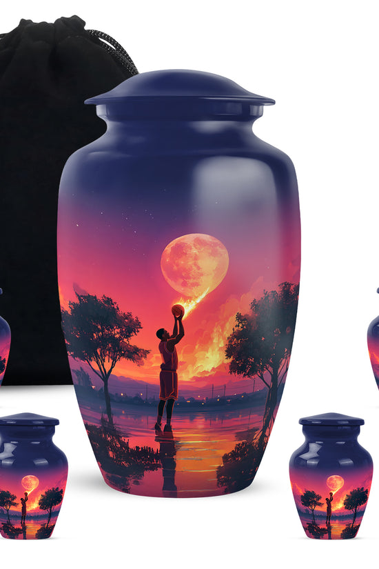 Bright Blue Basketball Cremation Urn top-down view of secure threaded lid - elegant classic basketball relief with fine detailing - memorial set with one large and four small urns