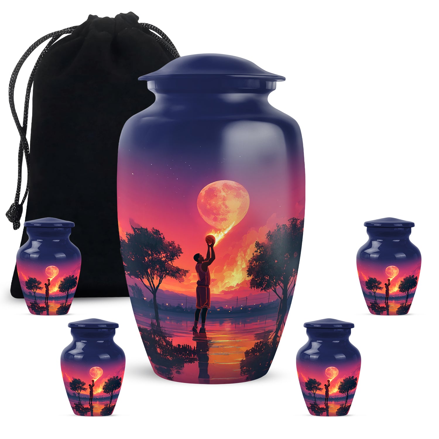 Bright Blue Basketball Cremation Urn top-down view of secure threaded lid - elegant classic basketball relief with fine detailing - memorial set with one large and four small urns