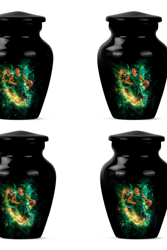 Rich Black Basketball Cremation Urn side profile showing urn shape - classic sculpted basketball pattern on smooth aluminum - 10 inch aluminum urn for cremated remains