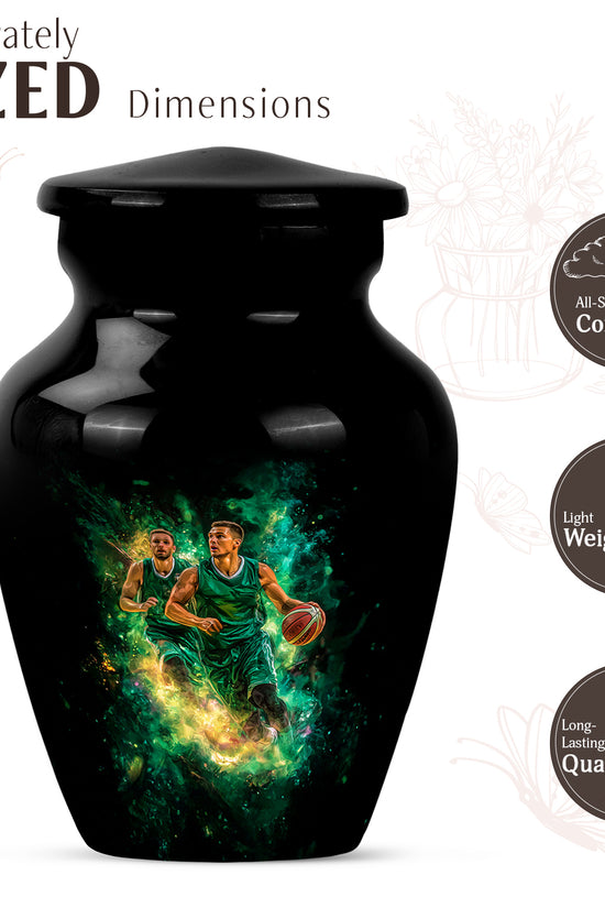 Dark Black Basketball Cremation Urn close-up of engraving and surface detail - elegant classic basketball relief with fine detailing - mini keepsake memorial for portion of cremation ashes