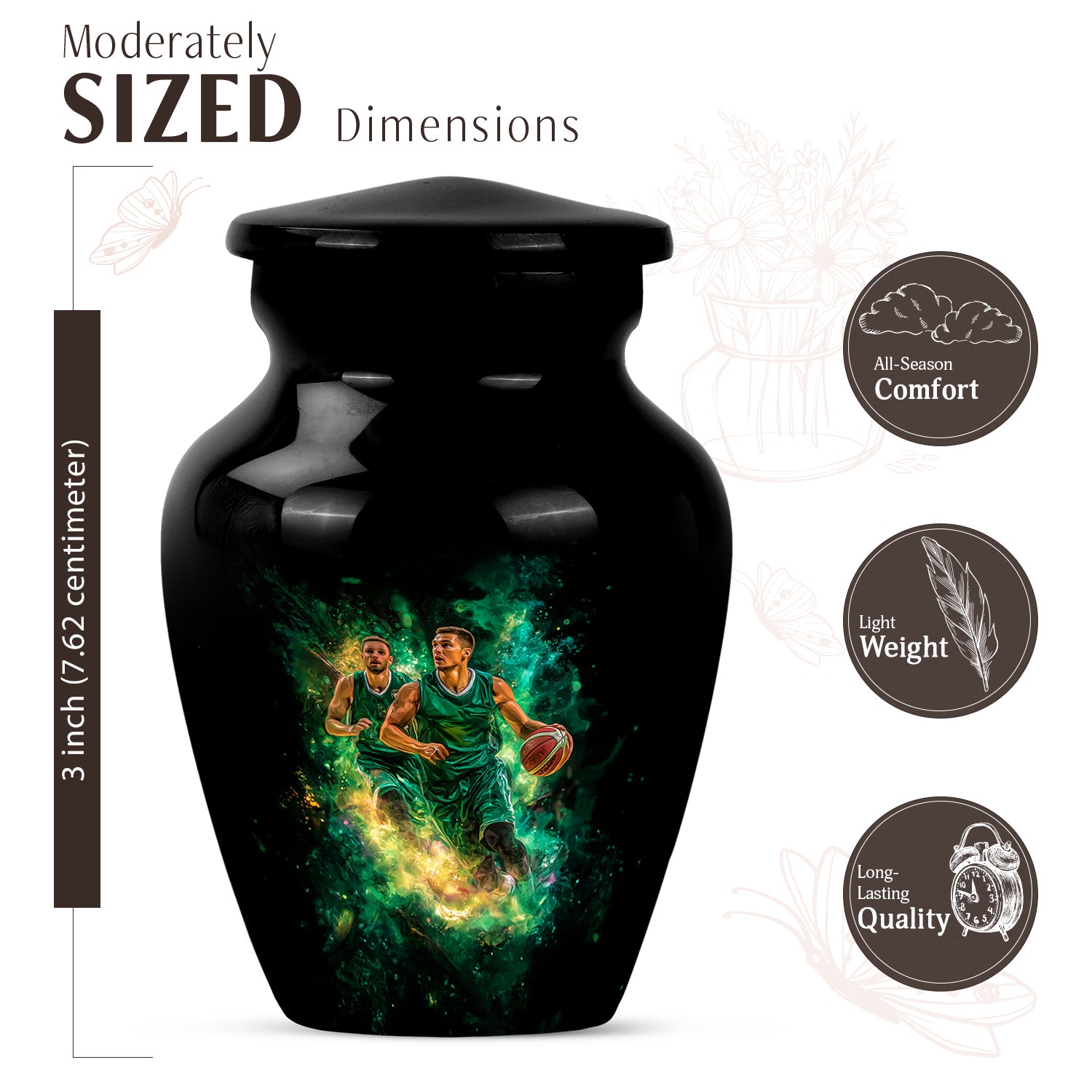 Dark Black Basketball Cremation Urn close-up of engraving and surface detail - elegant classic basketball relief with fine detailing - mini keepsake memorial for portion of cremation ashes