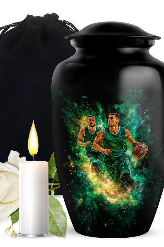 Rich Black Basketball Cremation Urn angled view of lid and engraved motif - timeless basketball motif etched into premium metal - full-size 10 inch 200 cubic inch adult cremation urn