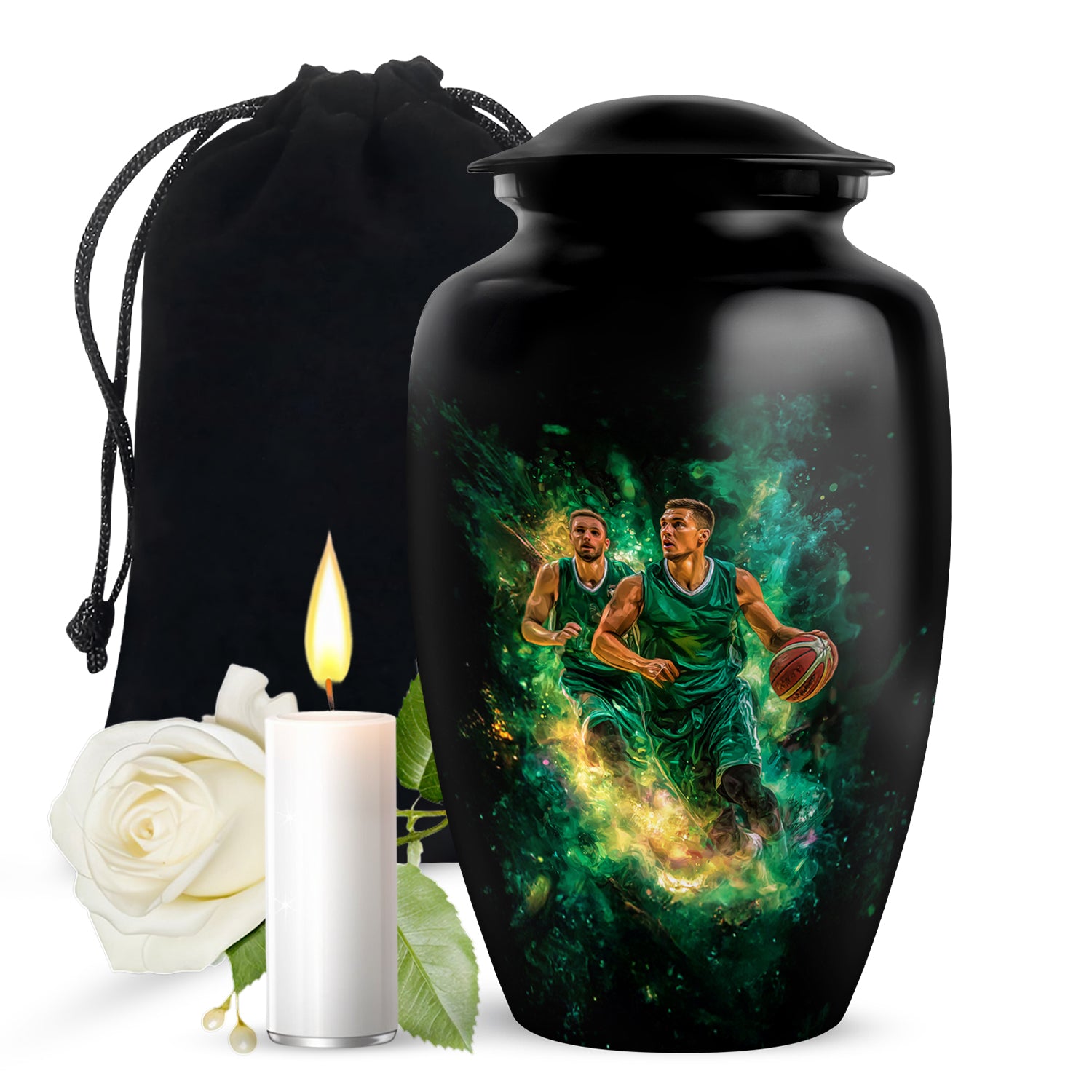 Rich Black Basketball Cremation Urn angled view of lid and engraved motif - timeless basketball motif etched into premium metal - full-size 10 inch 200 cubic inch adult cremation urn