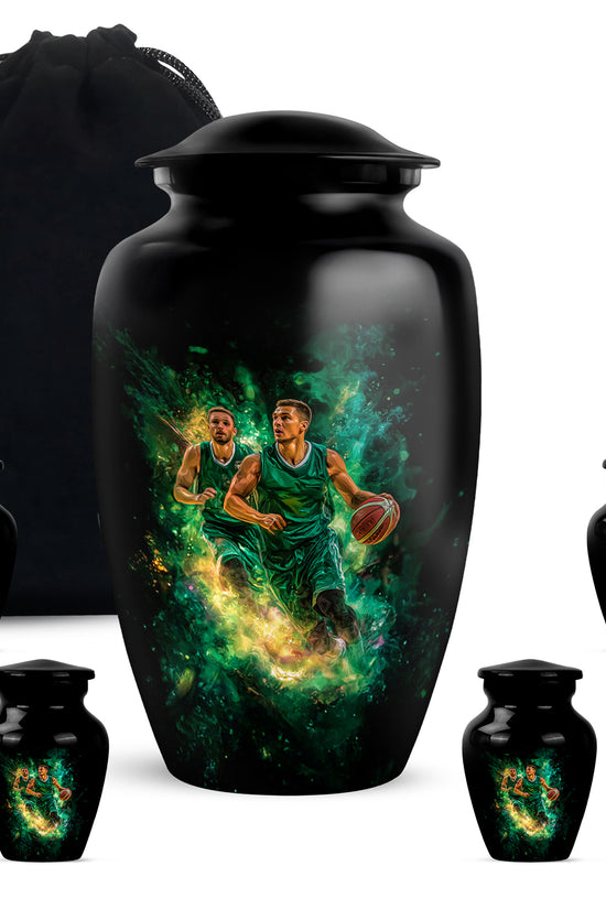 Ebony Basketball Cremation Urn top-down view of secure threaded lid - timeless basketball motif etched into premium metal - memorial set with one large and four small urns