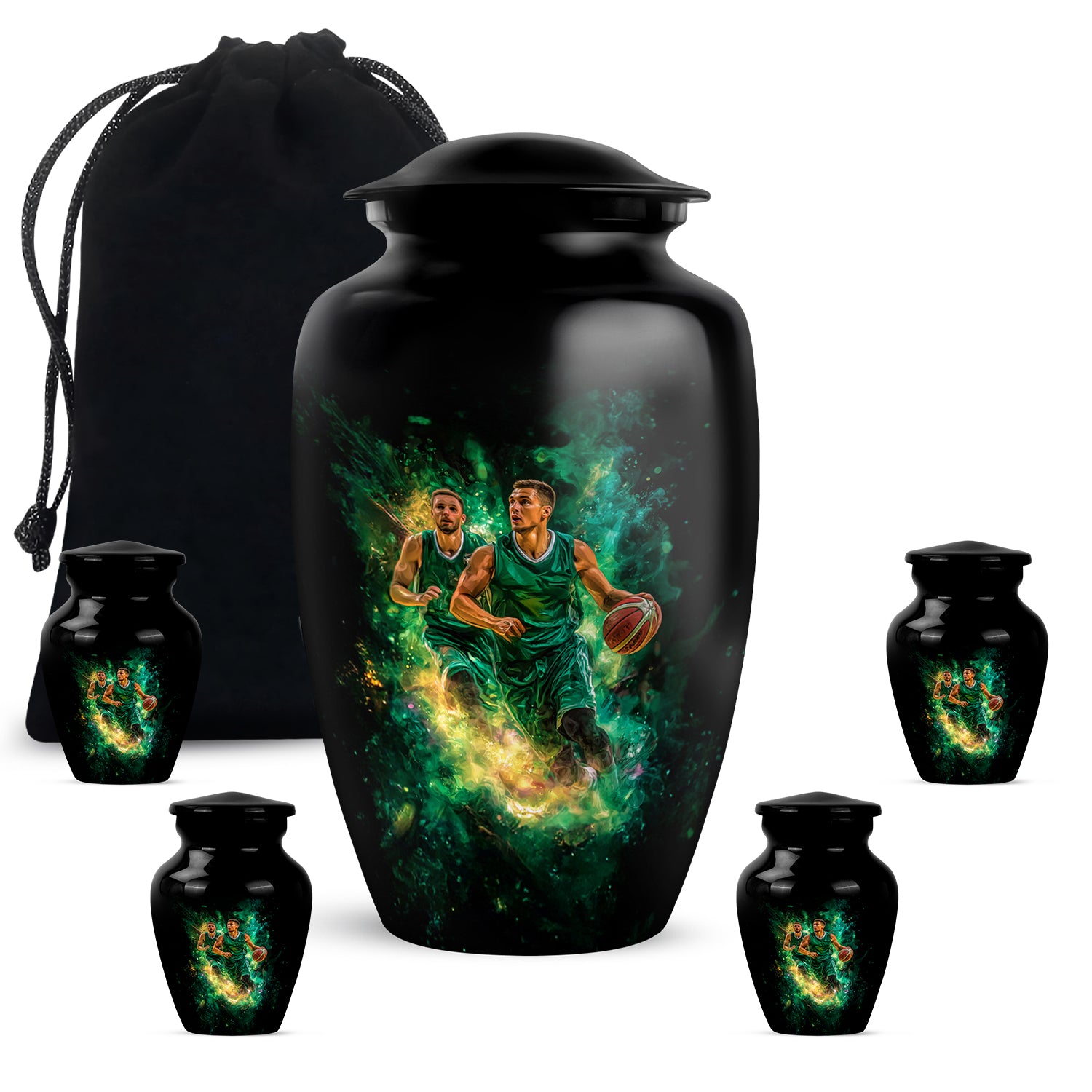 Ebony Basketball Cremation Urn top-down view of secure threaded lid - timeless basketball motif etched into premium metal - memorial set with one large and four small urns