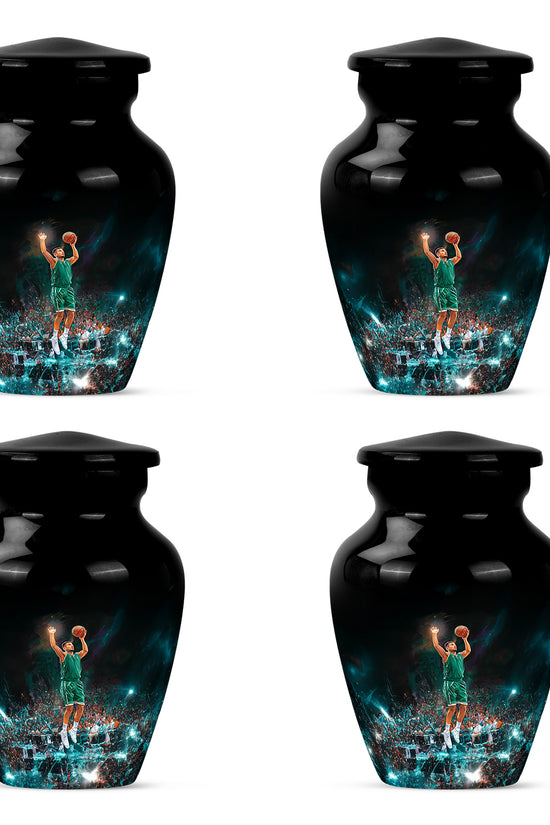 Rich Black Basketball Cremation Urn side profile showing urn shape - timeless basketball motif etched into premium metal - 10 inch aluminum urn for cremated remains