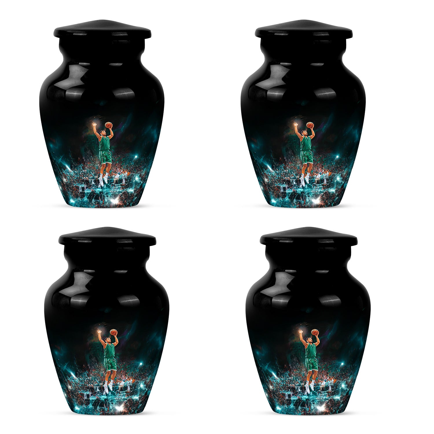 Rich Black Basketball Cremation Urn side profile showing urn shape - timeless basketball motif etched into premium metal - 10 inch aluminum urn for cremated remains
