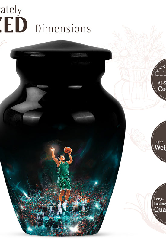 Obsidian Black Basketball Cremation Urn close-up of engraving and surface detail - elegant classic basketball relief with fine detailing - mini keepsake memorial for portion of cremation ashes